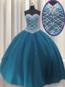 Superior Sequins Floor Length Teal Ball Gown Prom Dress Sweetheart Sleeveless Lace Up