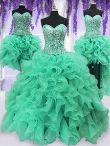 Four Piece Sequins Sweetheart Sleeveless Lace Up Quinceanera Gown Turquoise Organza
