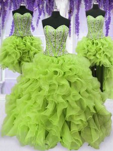 Four Piece Floor Length Yellow Green Sweet 16 Dresses Sweetheart Sleeveless Lace Up