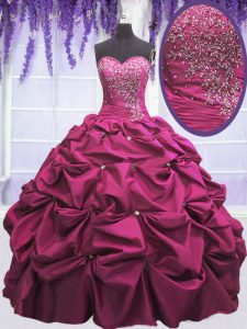 Trendy Sleeveless Taffeta Floor Length Lace Up Quinceanera Gowns in Fuchsia with Beading and Appliques and Pick Ups