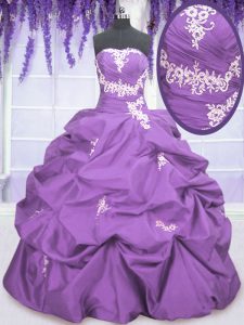 Lavender Lace Up Strapless Appliques and Pick Ups Quinceanera Gowns Taffeta Sleeveless