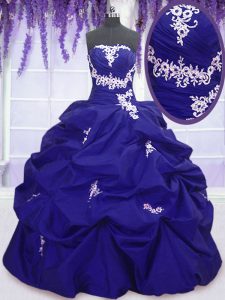 Royal Blue Lace Up Strapless Appliques and Pick Ups Ball Gown Prom Dress Taffeta Sleeveless