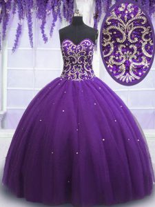 Eye-catching Eggplant Purple Sleeveless Tulle Lace Up Quinceanera Gown for Military Ball and Sweet 16 and Quinceanera