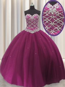 Fuchsia Sleeveless Beading and Sequins Floor Length Quinceanera Gowns