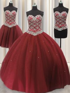 Traditional Three Piece Burgundy Ball Gowns Sweetheart Sleeveless Tulle Floor Length Lace Up Beading and Sequins 15 Quin