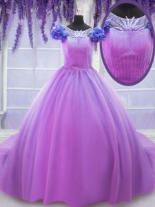 Stunning Scoop Lilac Short Sleeves Tulle Lace Up Quinceanera Gowns for Military Ball and Sweet 16 and Quinceanera