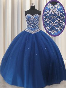 Tulle Sweetheart Sleeveless Lace Up Beading and Sequins Ball Gown Prom Dress in Royal Blue
