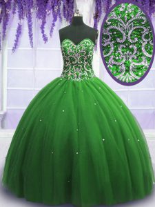 Tulle Sweetheart Sleeveless Lace Up Beading Quince Ball Gowns in Green