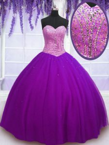 Graceful Eggplant Purple Sleeveless Tulle Lace Up Quinceanera Dresses for Military Ball and Sweet 16 and Quinceanera