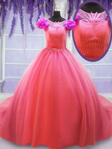 Pretty Scoop Watermelon Red Tulle Lace Up Quince Ball Gowns Short Sleeves Court Train Hand Made Flower