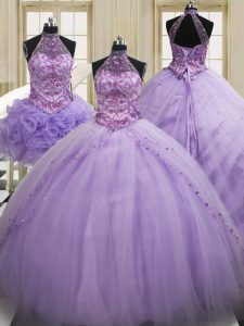 Three Piece Halter Top Tulle Sleeveless Sweet 16 Dresses Brush Train and Sequins