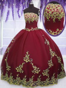 Red Tulle Zipper Strapless Sleeveless Floor Length Quinceanera Dresses Appliques