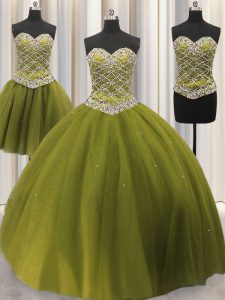 Clearance Three Piece Sleeveless Lace Up Floor Length Beading and Sequins Ball Gown Prom Dress