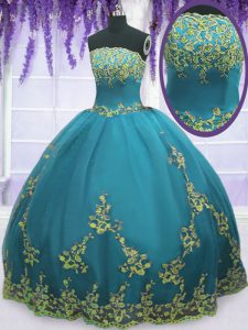 Trendy Teal Strapless Zipper Appliques Quince Ball Gowns Sleeveless