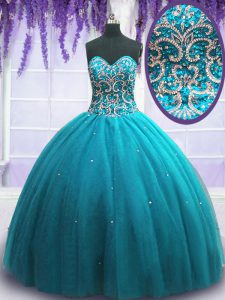 Custom Made Beading Quinceanera Gowns Teal Lace Up Sleeveless Floor Length