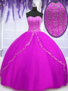 Floor Length Lace Up Quinceanera Dresses Fuchsia for Military Ball and Sweet 16 and Quinceanera with Beading