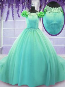 Scoop Turquoise Short Sleeves Court Train Hand Made Flower Quinceanera Dress