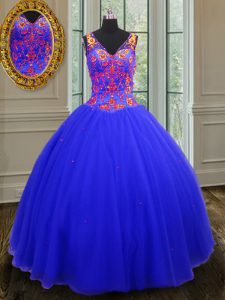 Elegant Sleeveless Floor Length Beading and Sequins Zipper Quinceanera Dress with Royal Blue