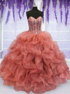 Exquisite Watermelon Red Ball Gowns Organza Sweetheart Sleeveless Beading and Ruffles Floor Length Lace Up 15th Birthday