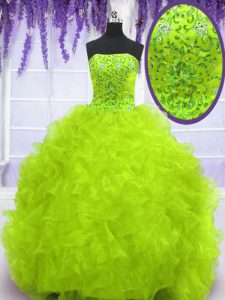 Free and Easy With Train Yellow Green 15 Quinceanera Dress Strapless Sleeveless Brush Train Lace Up