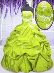 Sexy Yellow Green Sleeveless Floor Length Appliques and Pick Ups Lace Up Quinceanera Dresses