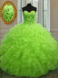 Gorgeous Yellow Green Ball Gowns Beading and Ruffles Quinceanera Gowns Lace Up Organza Sleeveless Floor Length