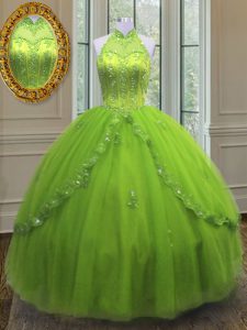 Ball Gowns 15th Birthday Dress Yellow Green High-neck Tulle Sleeveless Floor Length Lace Up
