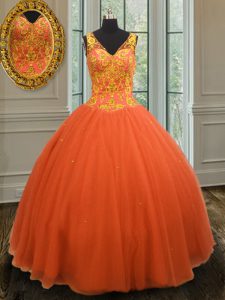 Orange Red Ball Gowns Beading 15th Birthday Dress Zipper Tulle Sleeveless Floor Length