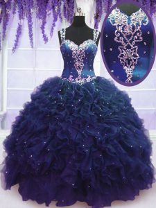 Straps Sleeveless Quinceanera Dress Floor Length Beading and Ruffles Navy Blue Tulle