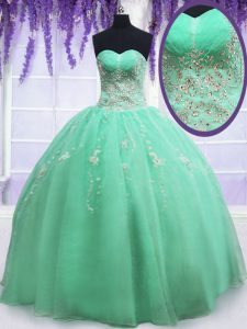 Apple Green Ball Gowns Organza Sweetheart Sleeveless Beading and Embroidery Floor Length Zipper Quinceanera Dress