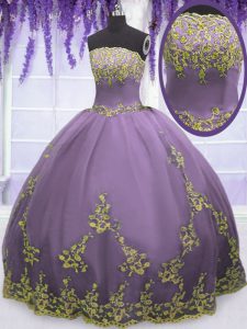 Top Selling Strapless Sleeveless 15th Birthday Dress Floor Length Appliques Lavender Tulle
