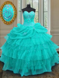 Aqua Blue Ball Gowns Organza Sweetheart Sleeveless Beading and Ruffled Layers and Pick Ups Floor Length Lace Up Sweet 16