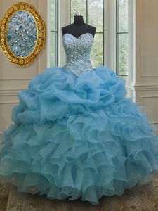 Floor Length Lace Up Quince Ball Gowns Baby Blue for Military Ball and Sweet 16 and Quinceanera with Beading and Ruffles