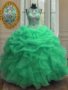 Elegant Scoop Green Ball Gowns Beading and Ruffles 15th Birthday Dress Lace Up Organza Sleeveless Floor Length