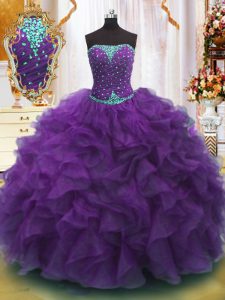 Cute Organza Strapless Sleeveless Lace Up Beading and Ruffles 15 Quinceanera Dress in Purple