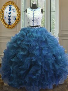 Admirable Scoop Blue Clasp Handle Quinceanera Dresses Beading and Lace and Ruffles Sleeveless Floor Length