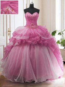 Rose Pink Organza Lace Up Quinceanera Gowns Sleeveless With Train Sweep Train Beading and Ruffled Layers