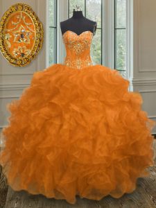 Orange Ball Gowns Sweetheart Sleeveless Organza Floor Length Lace Up Beading and Embroidery and Ruffles Quince Ball Gown