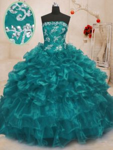 Ideal Turquoise Sleeveless Organza Lace Up Quinceanera Dresses for Military Ball and Sweet 16 and Quinceanera