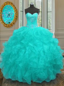 Luxury Floor Length Lace Up Quinceanera Dresses Aqua Blue for Military Ball and Sweet 16 and Quinceanera with Beading an