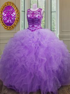 Scoop Sleeveless Floor Length Beading and Ruffles Lace Up Sweet 16 Dress with Lavender