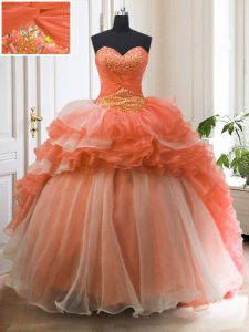 With Train Orange Red Quinceanera Dress Organza Sweep Train Sleeveless Beading and Ruffled Layers
