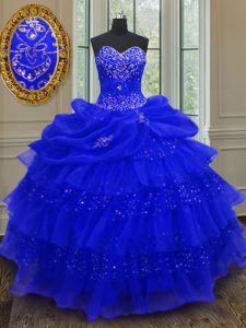 Floor Length Lace Up 15 Quinceanera Dress Royal Blue for Military Ball and Sweet 16 and Quinceanera with Beading and Ruf