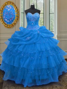 High Class Pick Ups Ruffled Floor Length Blue Quinceanera Dresses Sweetheart Sleeveless Lace Up