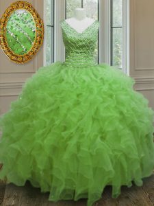 V-neck Zipper Beading and Ruffles Quinceanera Gowns Sleeveless