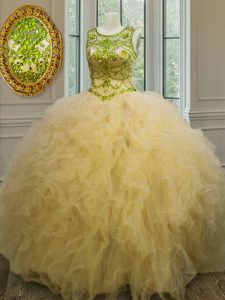 Fancy Scoop Sleeveless Beading and Ruffles Lace Up Quince Ball Gowns