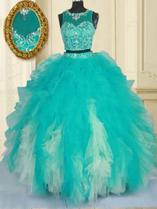 Discount Scoop Floor Length Zipper Quinceanera Gown Turquoise for Military Ball and Sweet 16 and Quinceanera with Beadin