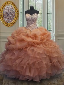 Chic Orange Organza Lace Up Ball Gown Prom Dress Sleeveless Floor Length Beading and Ruffles and Pick Ups