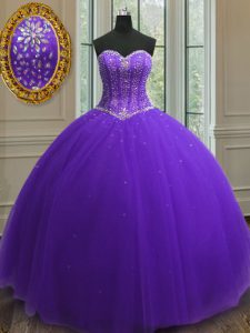 Purple Lace Up Quinceanera Dresses Beading and Sequins Sleeveless Floor Length