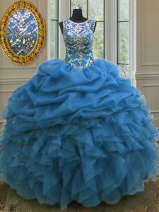 Scoop Blue Ball Gowns Beading and Ruffles and Pick Ups Quinceanera Gown Lace Up Organza Sleeveless Floor Length
